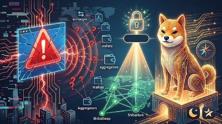 Illustrated Shiba Inu beside a lock, warning sign, and networks